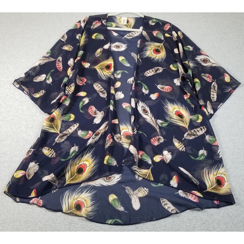 Lovely J Kimono Top Womens Medium M Blue Peacock Feather Sheer Chiffon Boho Open